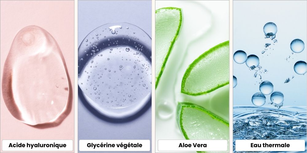 Quatre actifs hydratants naturels : Acide hyaluronique en sérum rose transparent, Glycérine végétale en lotion bleue avec microbulles, Aloe vera en gel vert frais issu de la plante, Eau thermale en gouttes cristallines